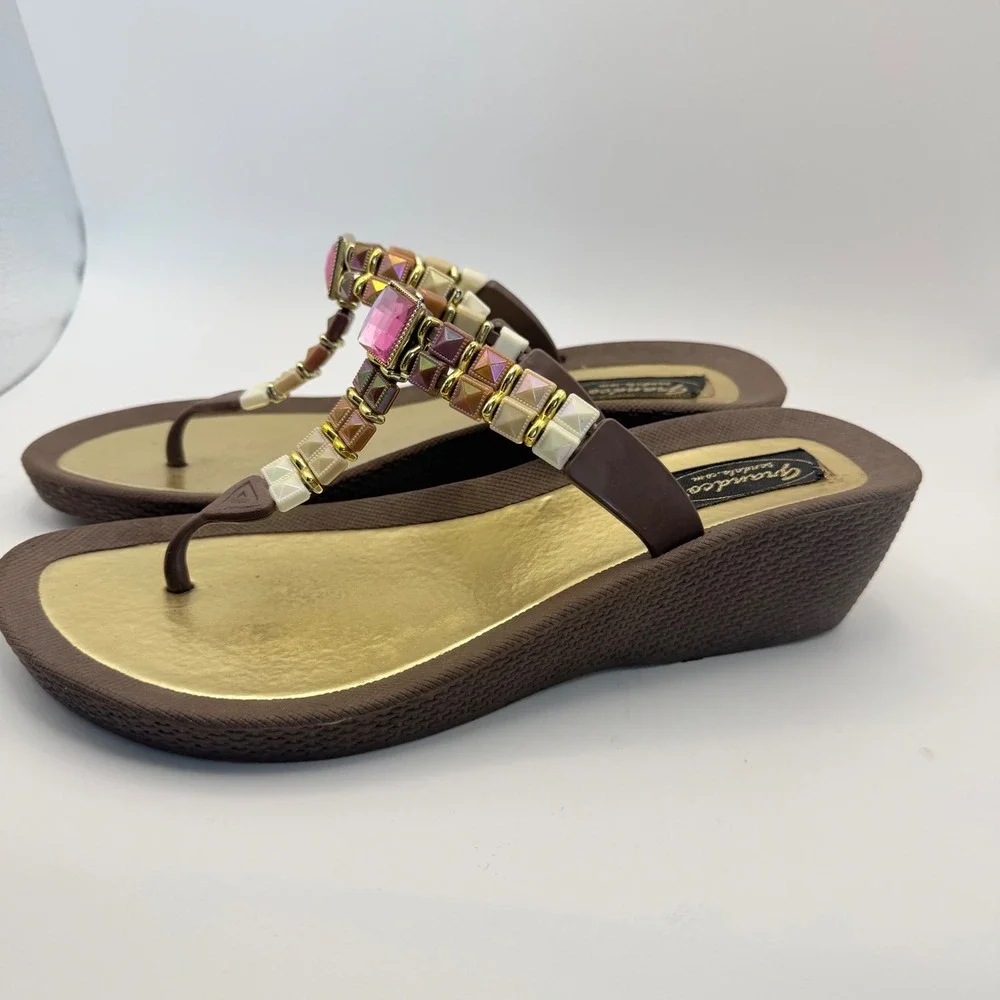 Women's Grandco Thong Y2K Wedge Bling Sandals Jewels Brown VTG Size 7